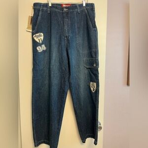 Size 36x30 Clench Blue Denim Jeans with Patches NWT Retail $65
